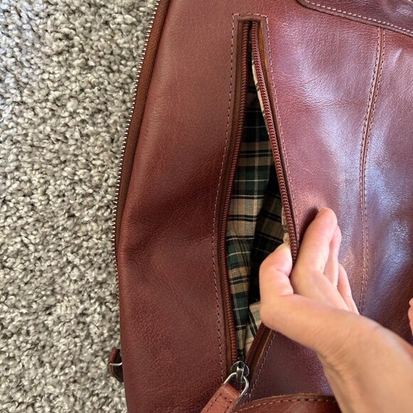 Wild West Los Angeles Leather Backpack Adjustable Straps & Plaid Interior Brown - Picture 6 of 13